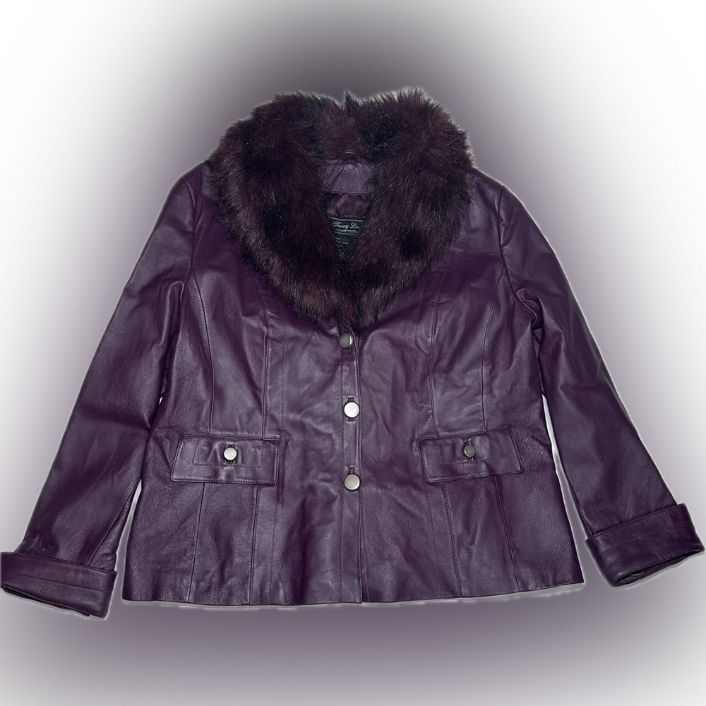 Terry Lewis Elegant Women's Purple Leather Jacket with Faux Fur Collar size 1X - Picture 4 of 7